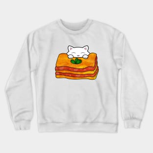 Hungry cat eating delicious looking lasagna Crewneck Sweatshirt